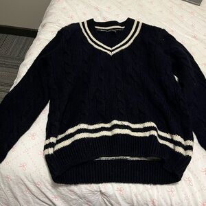 Brandy Melville Navy and Cream V-Neck Sweater